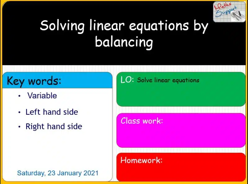 Maths KS3 – 2.03.1 Solving linear equations by balancing