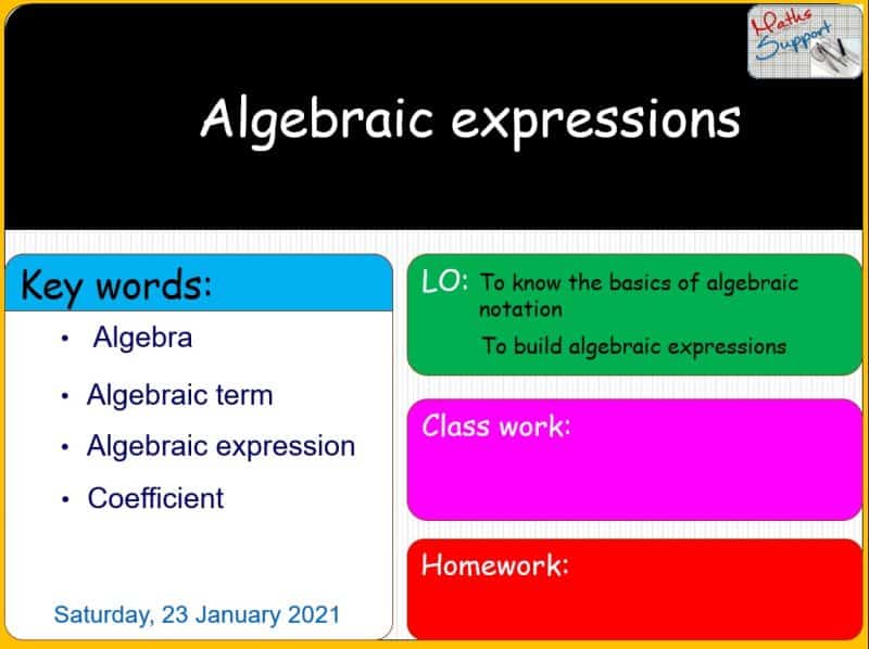 Maths KS3 – 2.01.1 Algebraic  expressions