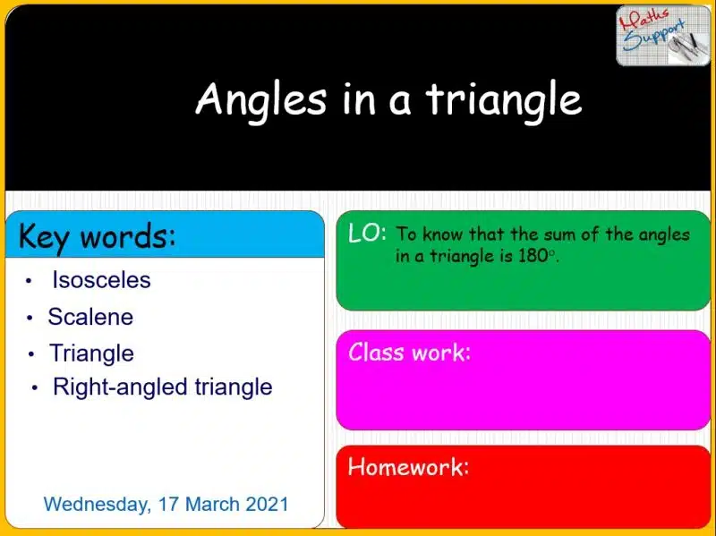 Maths KS3 – 3.0.1 Angles  in  a  triangle